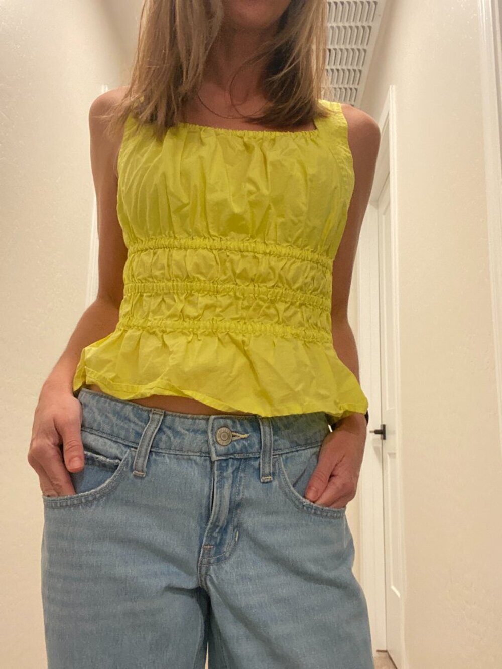 Anthro Maeve Yellow Peplum Tank XS Ruched Waist Crop Top Bright Summer Blouse